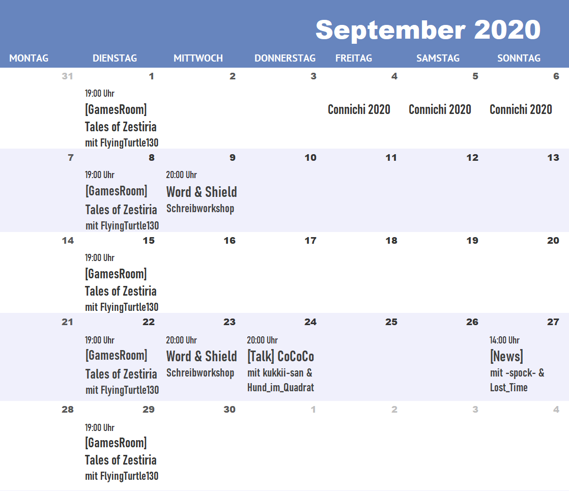 Streaming-Kalender September 2020: jeden Dienstag 19 Uhr Tales of Zestiria, 4.-6.9. Online-Connichi, 9.9. & 23.9. 20 Uhr Schreibworkshop, 24.9. 20 Uhr CoCoCo, 27.9. 14 Uhr News